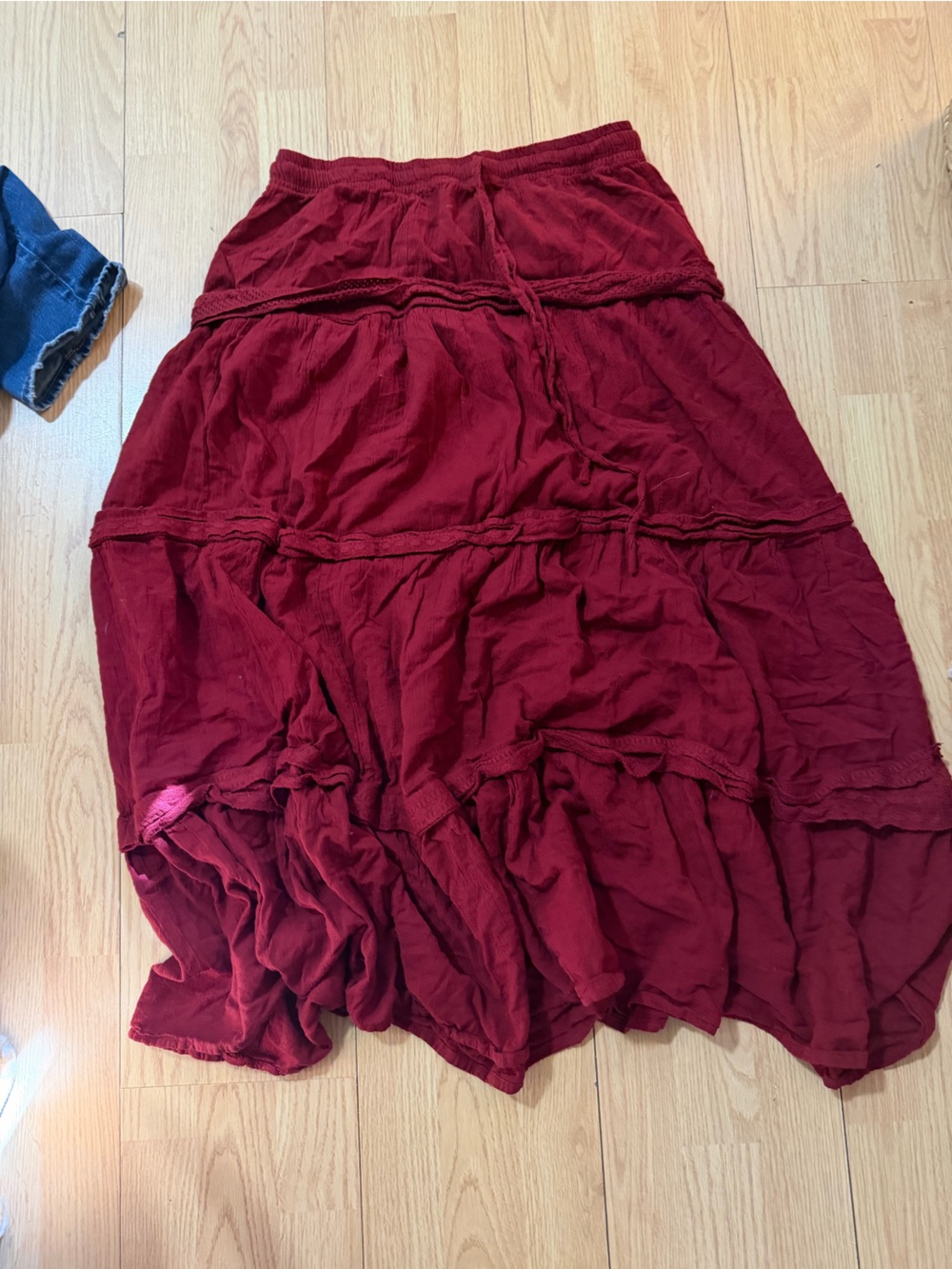 Women's Burgundy Tiered Maxi Skirt. 100% cotton linen